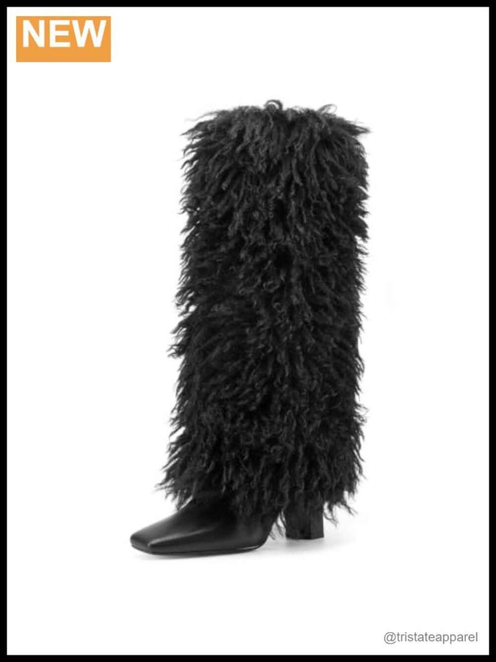 Fuzzy Faux Fur Fold Over Knee High Boots Chunky 3.5" Heel Square Toe with Side